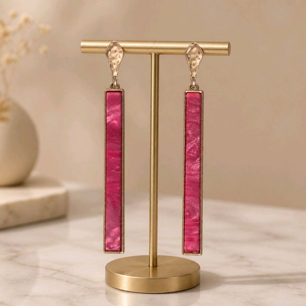 Raspberry Pink Marble Style Stone Long Rectangle Goldtone Earrings